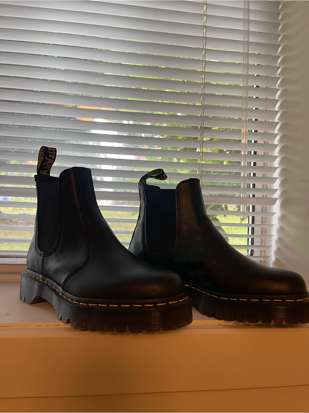 Dr. Martens Black Leather Chelsea Boots with Yellow Welt Stitching